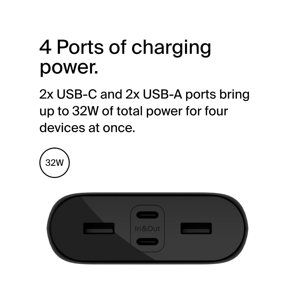 بنك طاقة بيلكين بوست تشارج بسعة 26 ألف مللي أمبير مع منافذ USB-C و USB-A للشحن السريع - أسود