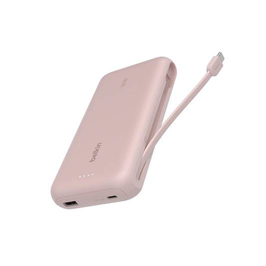 Belkin BoostCharge PowerBank 20K | Built-in USB-C Cable, Fast 30W PD Output, 4.7in/12cm Integrated USB-C cable, Charge 3x Devices Same Time, LED indicator, Pre-charged ready for Use - Pink