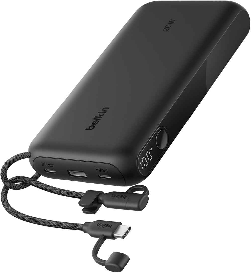 Belkin BoostCharge Power Bank 20K with Display| 20W Fast Charging 2x USB-C, 1x USB-A Ports with Detachble USB-C Cable, TSA Approved Safe for Flying, Black