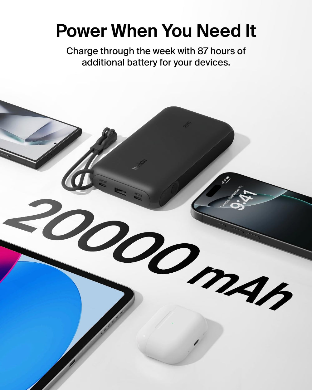 Belkin BoostCharge Power Bank 20K with Display| 20W Fast Charging 2x USB-C, 1x USB-A Ports with Detachble USB-C Cable, TSA Approved Safe for Flying, Black