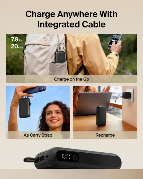 Belkin UltraCharge Power Bank 10K | 45W Fast Charging, 20cm Integrated USB-C Cable, Digital Display, for iOS, Android SmartPhones, Tablets, EarBuds, Sand