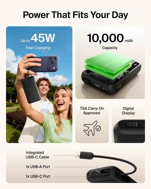 Belkin UltraCharge Power Bank 10K | 45W Fast Charging, 20cm Integrated USB-C Cable, Digital Display, for iOS, Android SmartPhones, Tablets, EarBuds, Sand