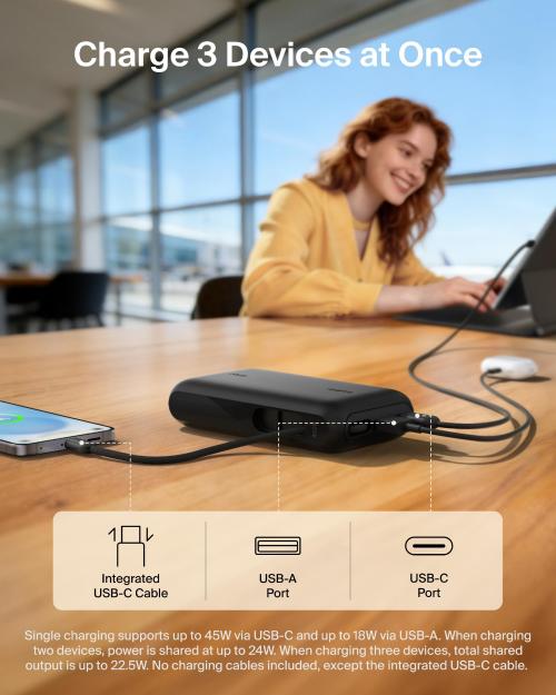 Belkin UltraCharge Power Bank 10K | 45W Fast Charging, 20cm Integrated USB-C Cable, Digital Display, for iOS, Android SmartPhones, Tablets, EarBuds, Sand