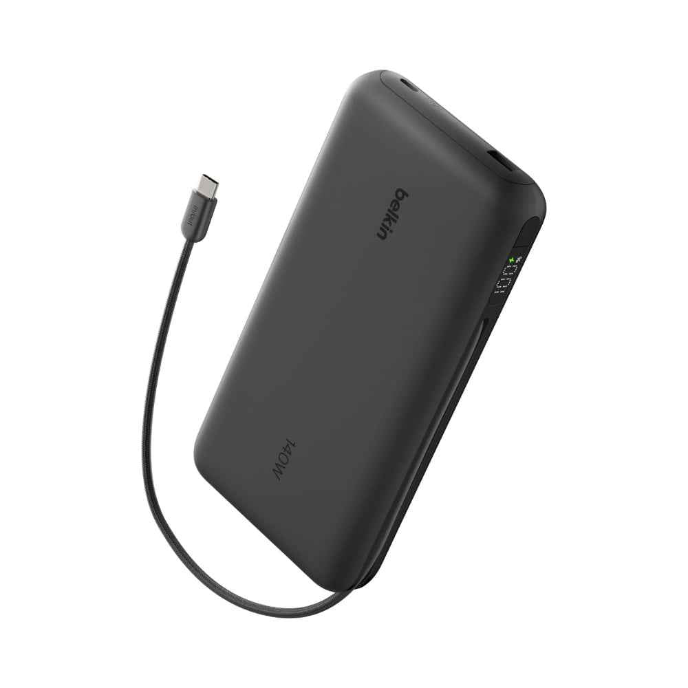 Belkin UltraCharge Pro Laptop Power Bank 25K | 158W Shared Output, Fast Charge Integrated 140W USB-C Cable, Digital Display, for MacBooks, Laptops, Tablets, SmartPhones, USB-C Devices, Black