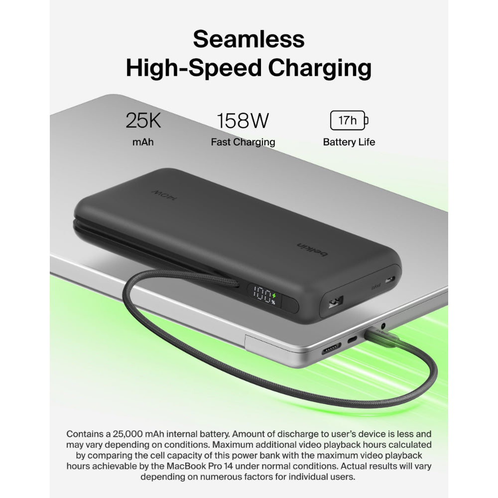 Belkin UltraCharge Pro Laptop Power Bank 25K | 158W Shared Output, Fast Charge Integrated 140W USB-C Cable, Digital Display, for MacBooks, Laptops, Tablets, SmartPhones, USB-C Devices, Black