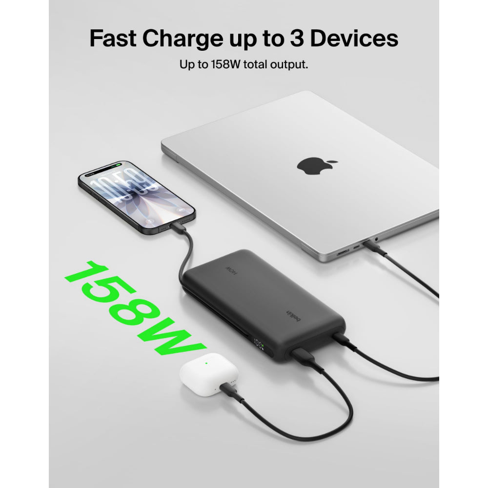 Belkin UltraCharge Pro Laptop Power Bank 25K | 158W Shared Output, Fast Charge Integrated 140W USB-C Cable, Digital Display, for MacBooks, Laptops, Tablets, SmartPhones, USB-C Devices, Black