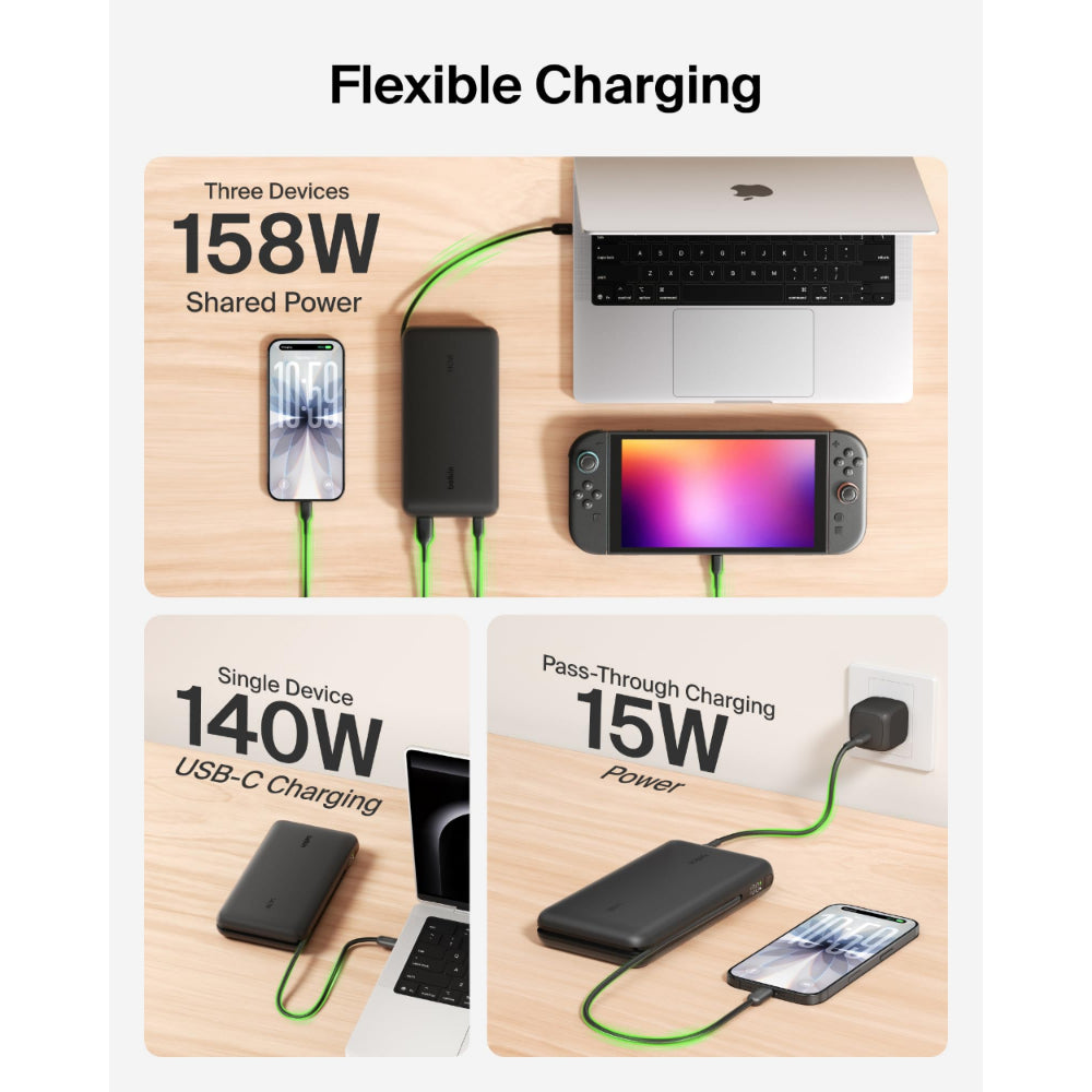 Belkin UltraCharge Pro Laptop Power Bank 25K | 158W Shared Output, Fast Charge Integrated 140W USB-C Cable, Digital Display, for MacBooks, Laptops, Tablets, SmartPhones, USB-C Devices, Black