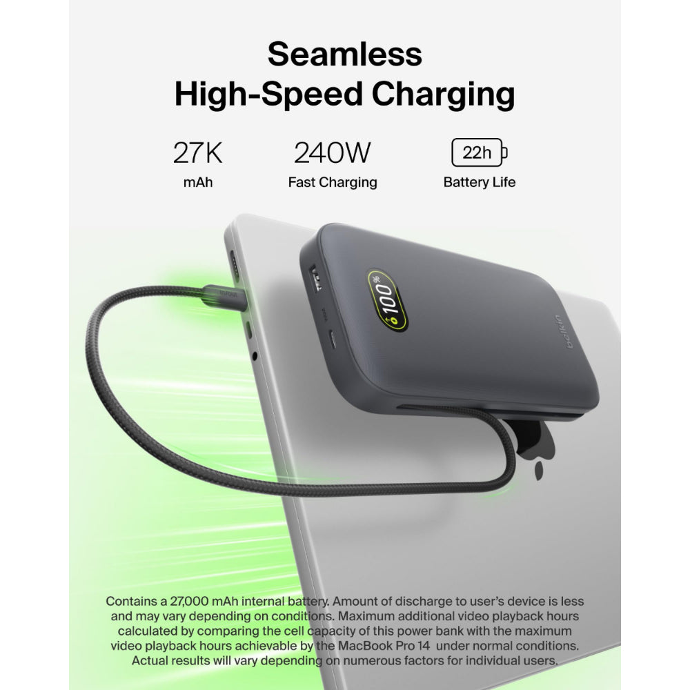 Belkin UltraCharge Pro Laptop Power Bank 25K | 158W Shared Output, Fast Charge Integrated 140W USB-C Cable, Digital Display, for MacBooks, Laptops, Tablets, SmartPhones, USB-C Devices, Charcoal