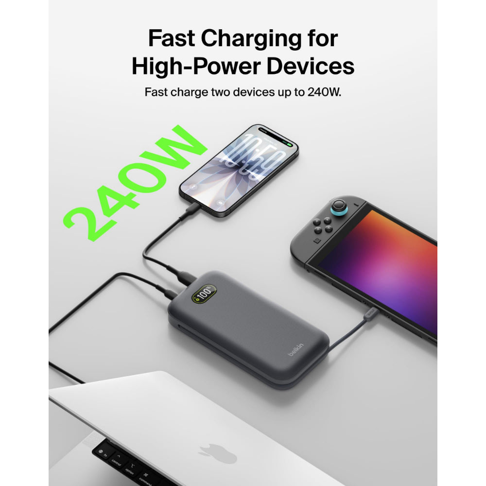 Belkin UltraCharge Pro Laptop Power Bank 25K | 158W Shared Output, Fast Charge Integrated 140W USB-C Cable, Digital Display, for MacBooks, Laptops, Tablets, SmartPhones, USB-C Devices, Charcoal