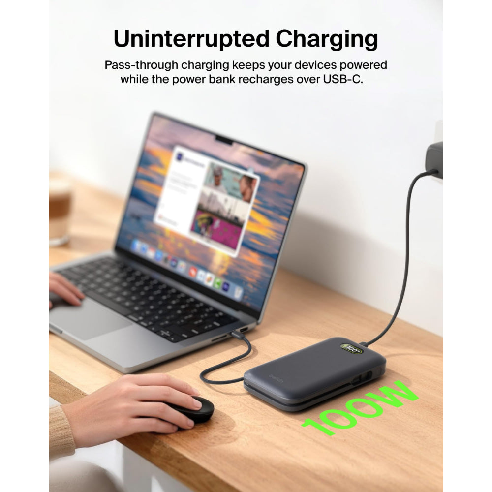 Belkin UltraCharge Pro Laptop Power Bank 25K | 158W Shared Output, Fast Charge Integrated 140W USB-C Cable, Digital Display, for MacBooks, Laptops, Tablets, SmartPhones, USB-C Devices, Charcoal