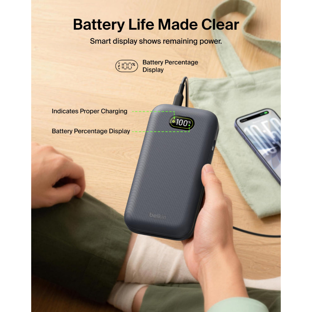 Belkin UltraCharge Pro Laptop Power Bank 25K | 158W Shared Output, Fast Charge Integrated 140W USB-C Cable, Digital Display, for MacBooks, Laptops, Tablets, SmartPhones, USB-C Devices, Charcoal