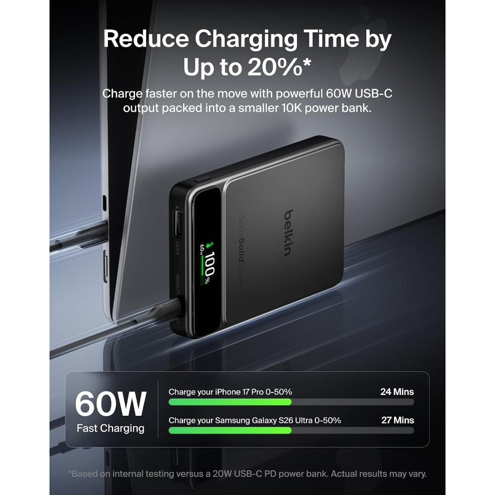 Belkin Ultracharge Pro Power Bank 10K 60W | Boostsolid Cell Technology, Compact Tsa Approved, Digital Display, Usb-C Fast Charging, For Smartphones, Tablets, Earbuds, Black Metallic