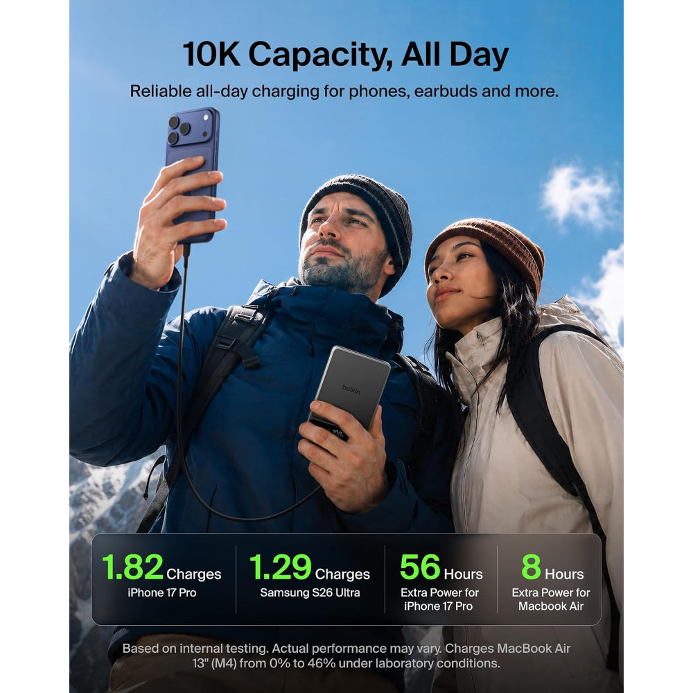 Belkin Ultracharge Pro Power Bank 10K 60W | Boostsolid Cell Technology, Compact Tsa Approved, Digital Display, Usb-C Fast Charging, For Smartphones, Tablets, Earbuds, Black Metallic