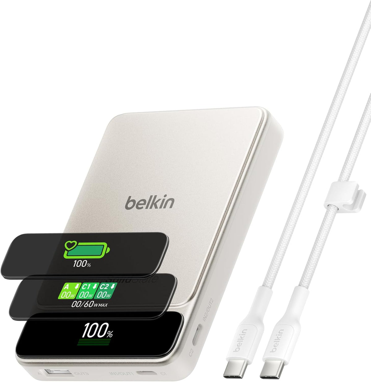 Belkin Ultracharge Pro Power Bank 10K 60W | Boostsolid Cell Technology, Compact Tsa Approved, Digital Display, Usb-C Fast Charging, For Smartphones, Tablets, Earbuds, Sand Metallic