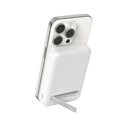BELKIN Magnetic Qi2 Wireless Power Bank 8KmAh + Kick Stand| 15W MagSafe Portable Charger,Movies, Video Call, NightStand, for Apple iPhone 16/15/14/13/12 Series, S25/24/23 Ultra, iOS & Android - White