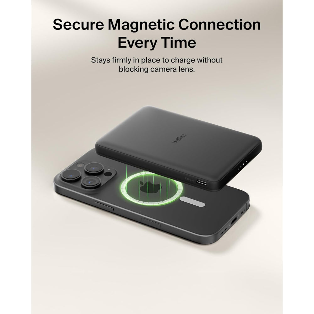Belkin Slim Magnetic Power Bank 5K| Thin, Portable MagSafe Wireless & USB-C Charger, Strong Magnet, Pocket-Sized Power for iPhone & USB-C Devices, TSA Approved - Black