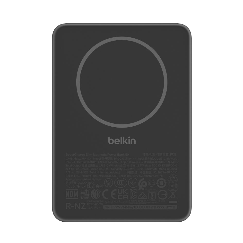 Belkin Slim Magnetic Power Bank 5K| Thin, Portable MagSafe Wireless & USB-C Charger, Strong Magnet, Pocket-Sized Power for iPhone & USB-C Devices, TSA Approved - Black