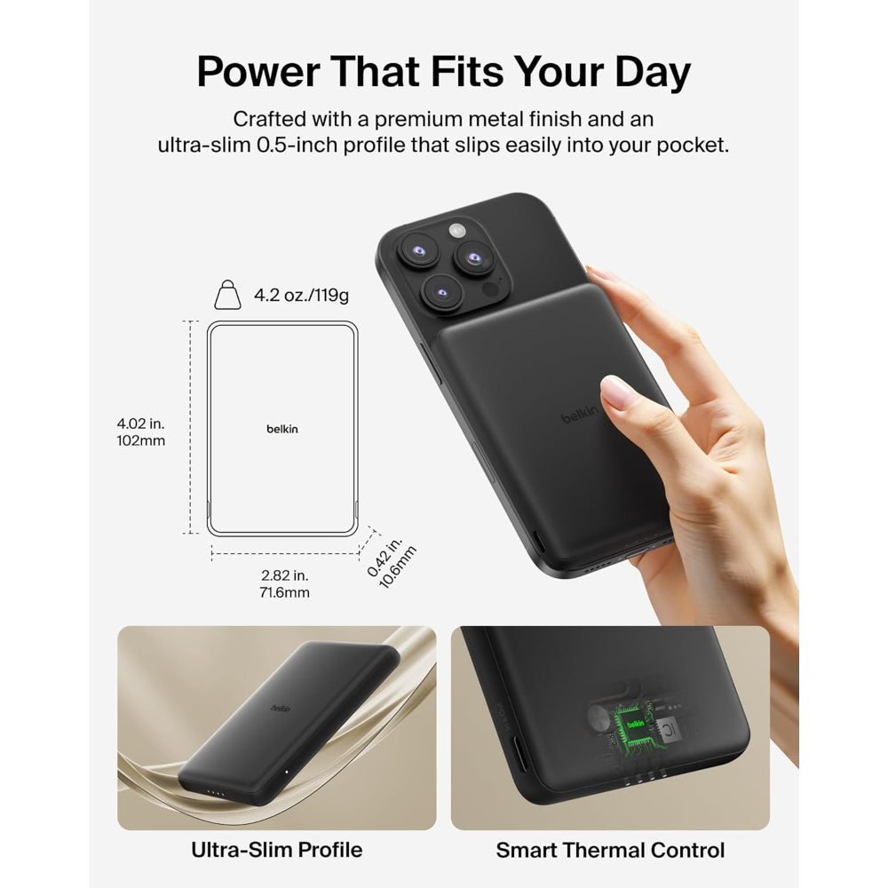 Belkin Slim Magnetic Power Bank 5K| Thin, Portable MagSafe Wireless & USB-C Charger, Strong Magnet, Pocket-Sized Power for iPhone & USB-C Devices, TSA Approved - Black