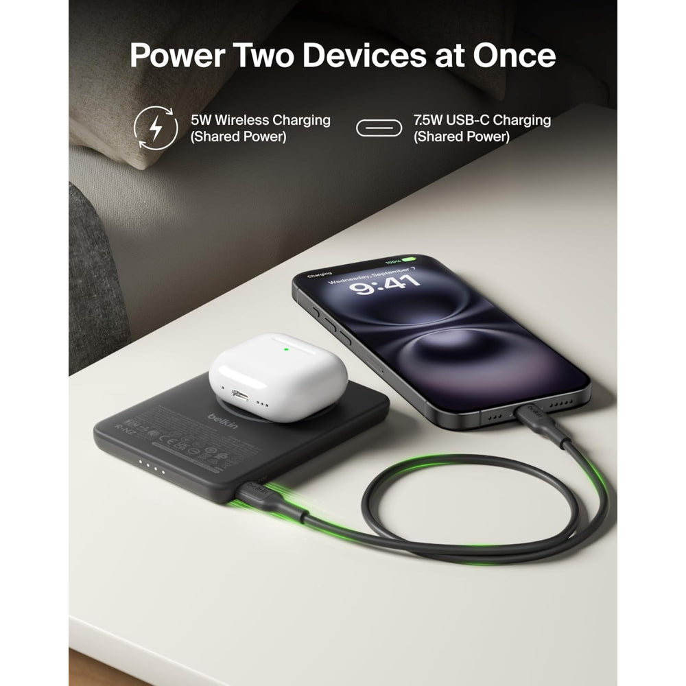 Belkin Slim Magnetic Power Bank 5K| Thin, Portable MagSafe Wireless & USB-C Charger, Strong Magnet, Pocket-Sized Power for iPhone & USB-C Devices, TSA Approved - Black
