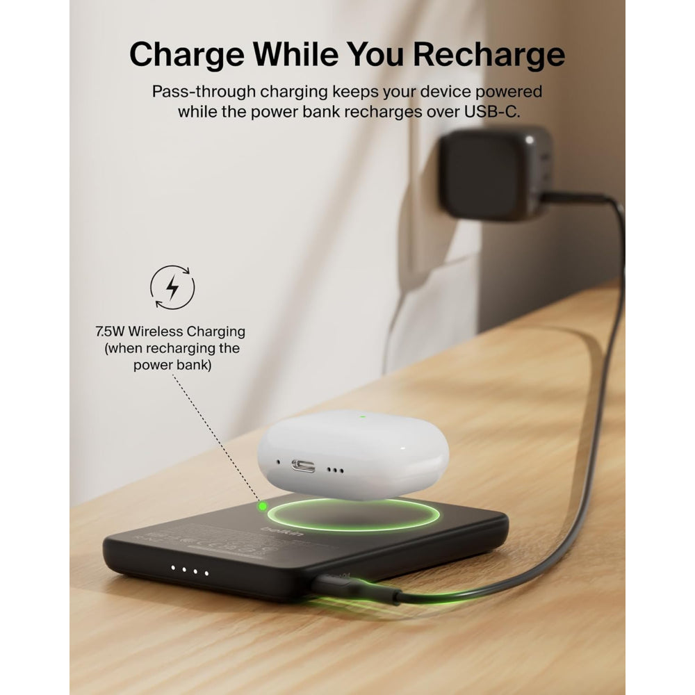 Belkin Slim Magnetic Power Bank 5K| Thin, Portable MagSafe Wireless & USB-C Charger, Strong Magnet, Pocket-Sized Power for iPhone & USB-C Devices, TSA Approved - Black