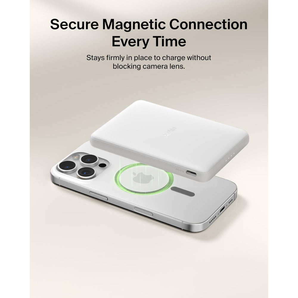 Belkin Slim Magnetic Power Bank 5K| Thin, Portable MagSafe Wireless & USB-C Charger, Strong Magnet, Pocket-Sized Power for iPhone & USB-C Devices, TSA Approved - White