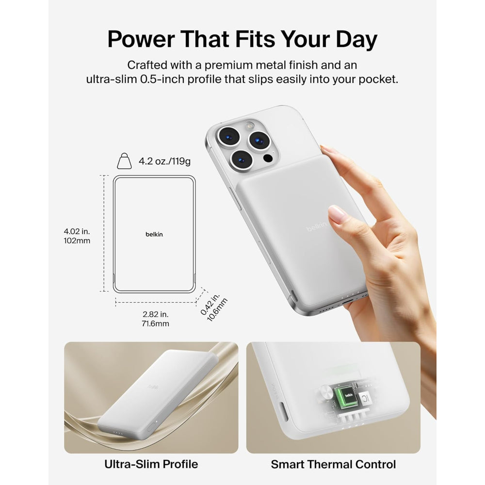 Belkin Slim Magnetic Power Bank 5K| Thin, Portable MagSafe Wireless & USB-C Charger, Strong Magnet, Pocket-Sized Power for iPhone & USB-C Devices, TSA Approved - White