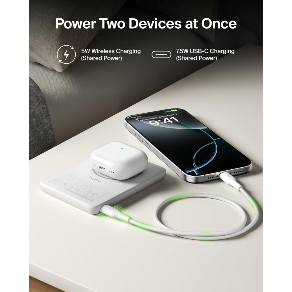 Belkin Slim Magnetic Power Bank 5K| Thin, Portable MagSafe Wireless & USB-C Charger, Strong Magnet, Pocket-Sized Power for iPhone & USB-C Devices, TSA Approved - White