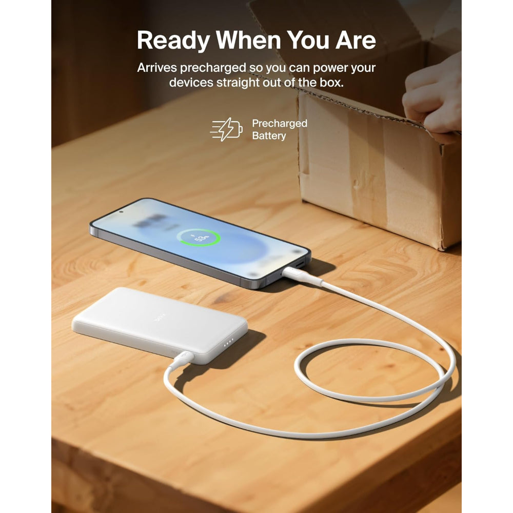 Belkin Slim Magnetic Power Bank 5K| Thin, Portable MagSafe Wireless & USB-C Charger, Strong Magnet, Pocket-Sized Power for iPhone & USB-C Devices, TSA Approved - White