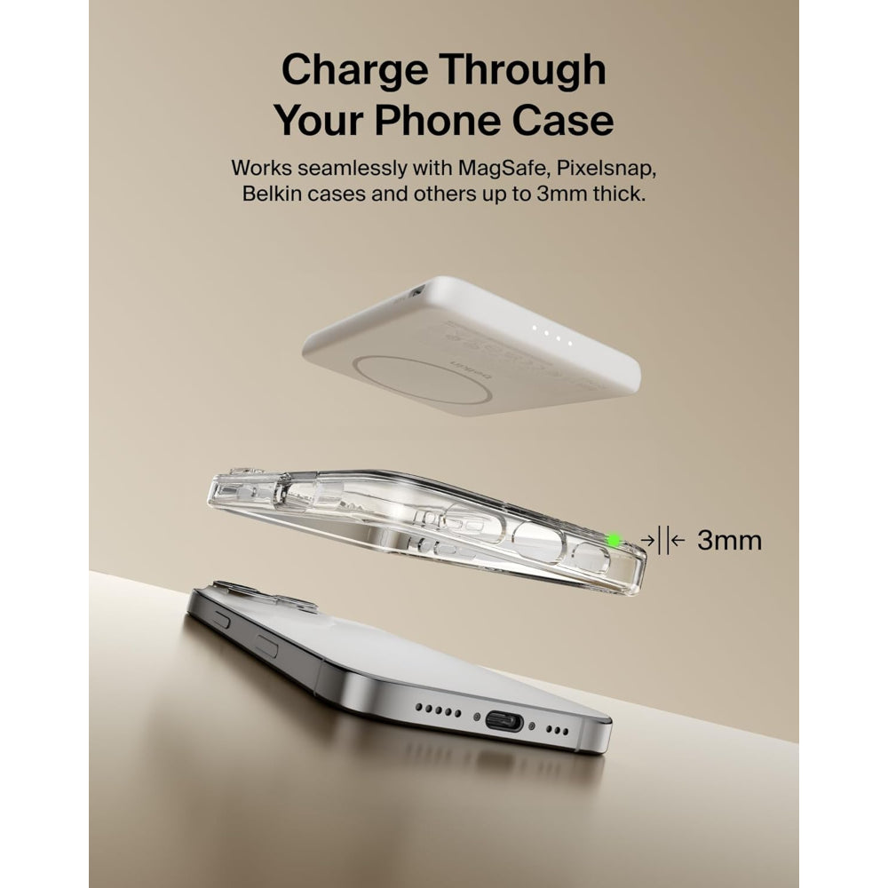 Belkin Slim Magnetic Power Bank 5K| Thin, Portable MagSafe Wireless & USB-C Charger, Strong Magnet, Pocket-Sized Power for iPhone & USB-C Devices, TSA Approved - White