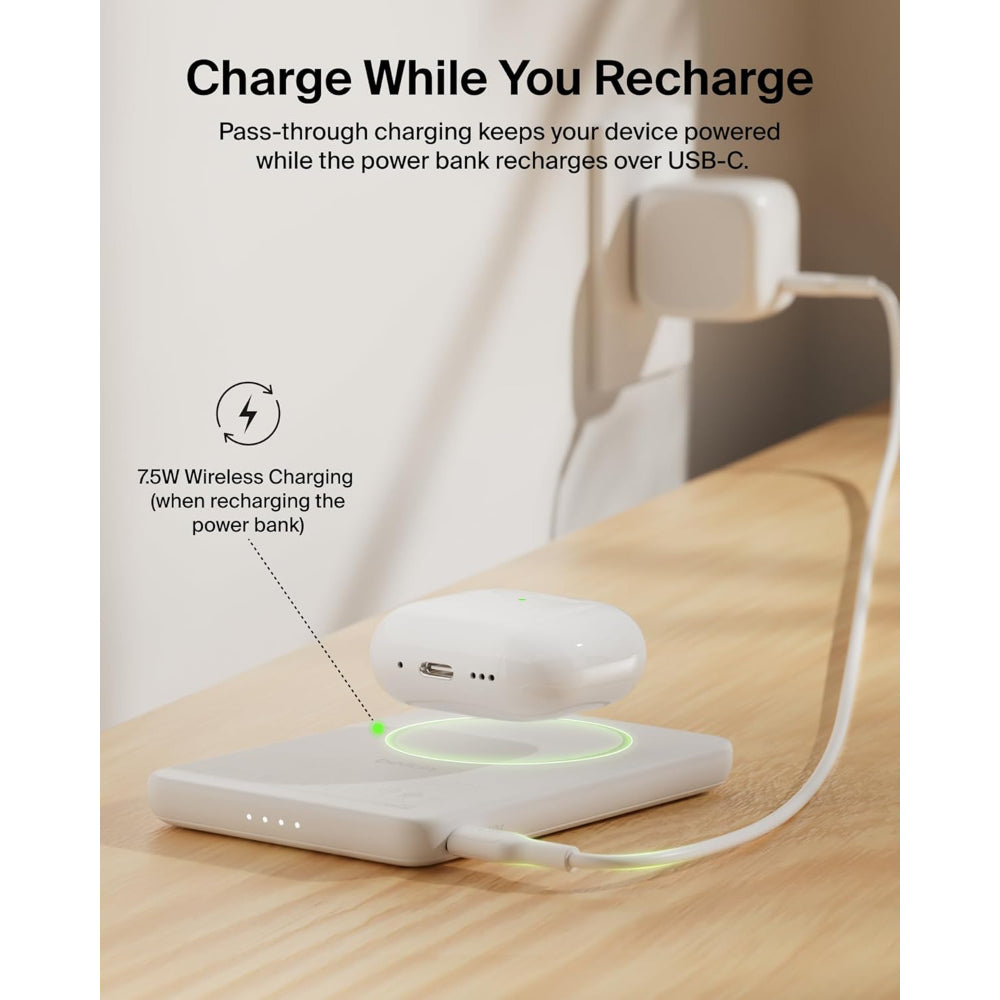 Belkin Slim Magnetic Power Bank 5K| Thin, Portable MagSafe Wireless & USB-C Charger, Strong Magnet, Pocket-Sized Power for iPhone & USB-C Devices, TSA Approved - White