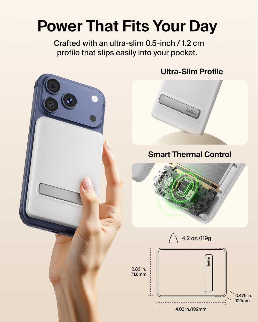 Belkin BoostCharge Qi2 Slim Magnetic Power Bank 5K with KickStand| Fast Wireless & USB-C Charging, TSA Approved Travel Compliant, for iPhone & Compatible Magnetic Cases, White