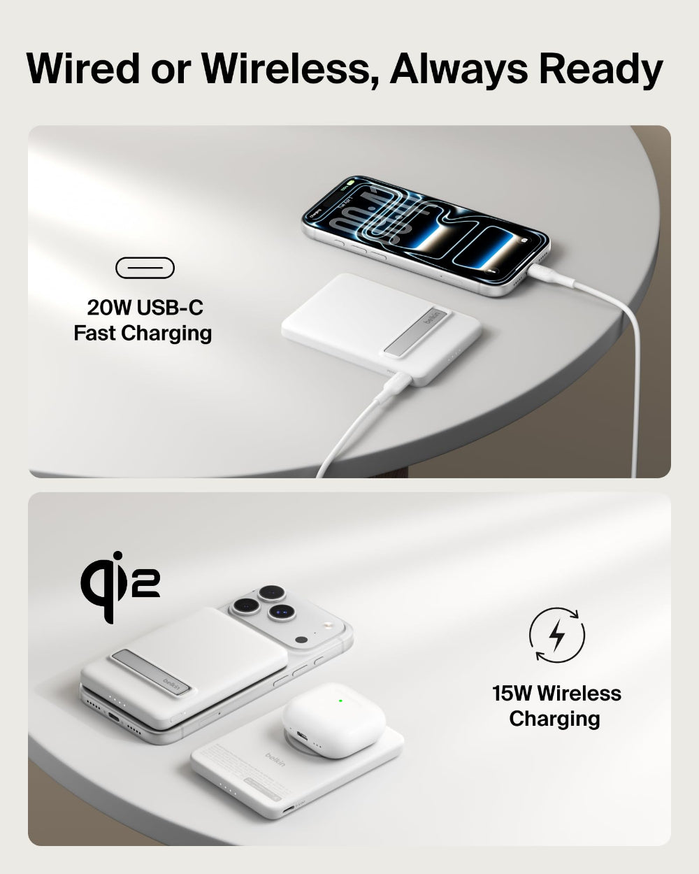 Belkin BoostCharge Qi2 Slim Magnetic Power Bank 5K with KickStand| Fast Wireless & USB-C Charging, TSA Approved Travel Compliant, for iPhone & Compatible Magnetic Cases, White