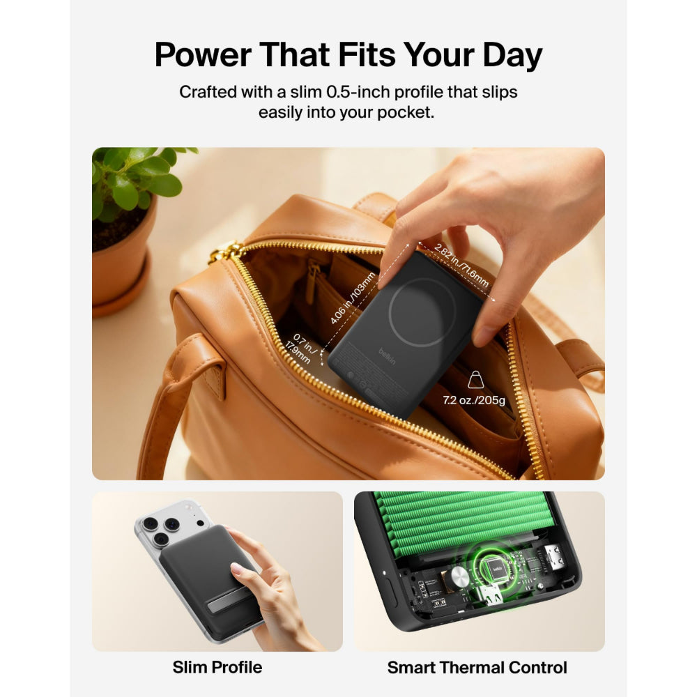 Belkin BoostCharge Slim Magnetic Power Bank 10K | Qi2 15W Wireless Charging, 30W USB-C, Built-In Kickstand, for iPhone 18/17/16/15/14/13/12 and Samsung Phones w/ Magnetic Case, Black