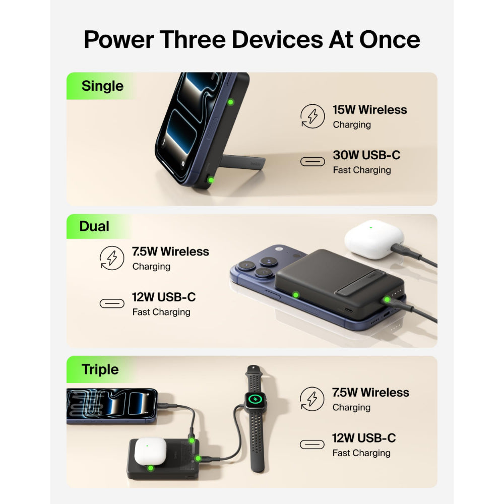 Belkin BoostCharge Slim Magnetic Power Bank 10K | Qi2 15W Wireless Charging, 30W USB-C, Built-In Kickstand, for iPhone 18/17/16/15/14/13/12 and Samsung Phones w/ Magnetic Case, Black