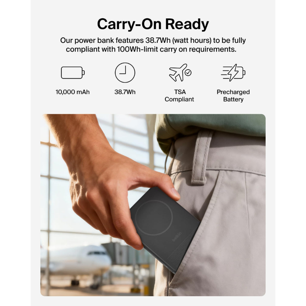 Belkin BoostCharge Slim Magnetic Power Bank 10K | Qi2 15W Wireless Charging, 30W USB-C, Built-In Kickstand, for iPhone 18/17/16/15/14/13/12 and Samsung Phones w/ Magnetic Case, Black