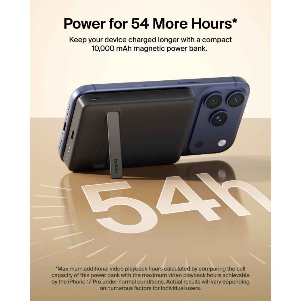 Belkin BoostCharge Slim Magnetic Power Bank 10K | Qi2 15W Wireless Charging, 30W USB-C, Built-In Kickstand, for iPhone 18/17/16/15/14/13/12 and Samsung Phones w/ Magnetic Case, Black