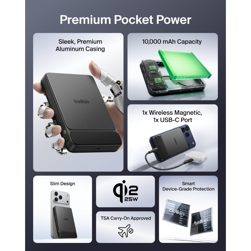 Belkin UltraCharge Slim Magnetic Power Bank 10K | Qi2 25W Wireless Charging, 30W USB-C Port, Digital Display, for iPhone 18/17/16/15/14/13/12, Samsung Phones w/ Magnetic Case, Black