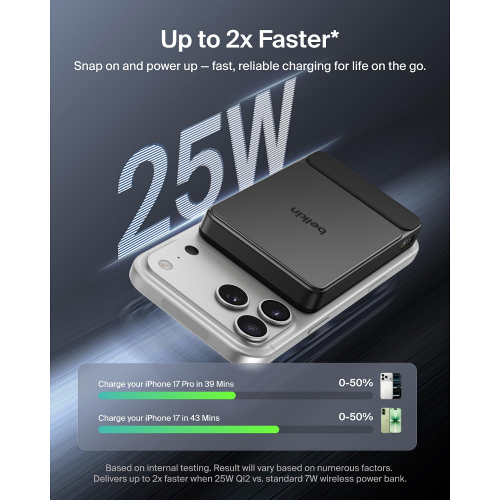 Belkin UltraCharge Slim Magnetic Power Bank 10K | Qi2 25W Wireless Charging, 30W USB-C Port, Digital Display, for iPhone 18/17/16/15/14/13/12, Samsung Phones w/ Magnetic Case, Black