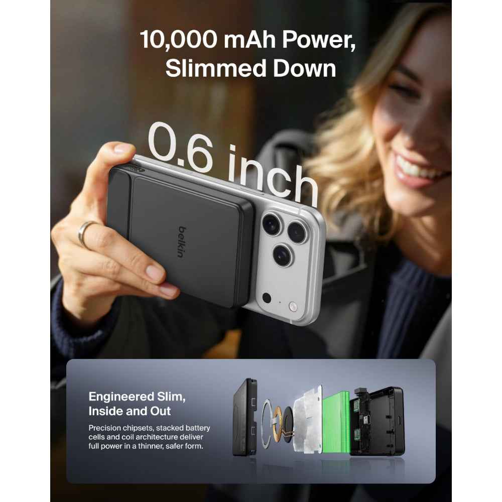 Belkin UltraCharge Slim Magnetic Power Bank 10K | Qi2 25W Wireless Charging, 30W USB-C Port, Digital Display, for iPhone 18/17/16/15/14/13/12, Samsung Phones w/ Magnetic Case, Black