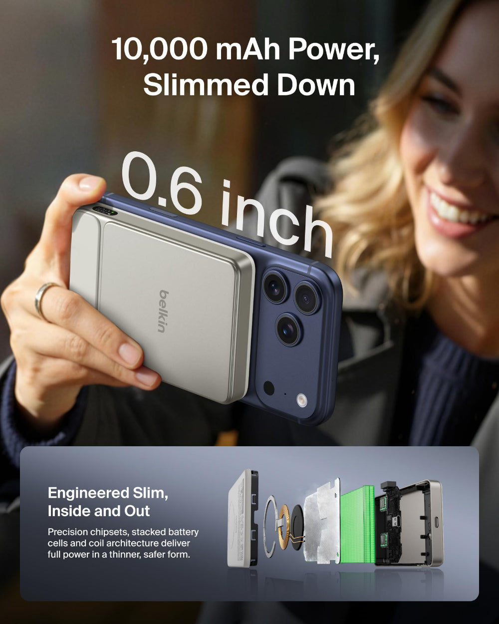 Belkin UltraCharge Slim Magnetic Power Bank 10K | Qi2 25W Wireless Charging, 30W USB-C Port, Digital Display, for iPhone 18/17/16/15/14/13/12, Samsung Phones w/ Magnetic Case, Sand