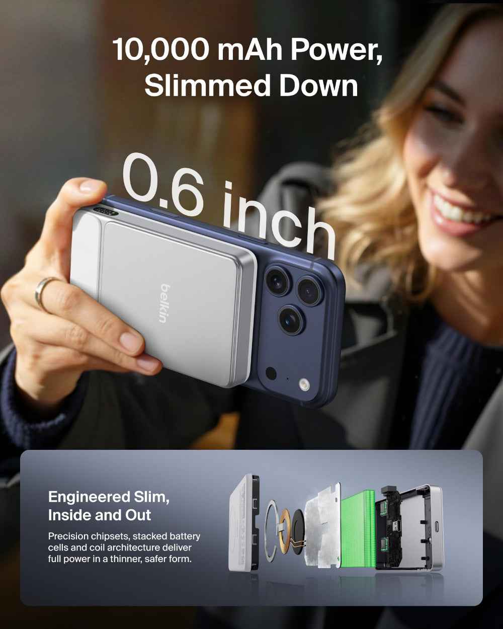 Belkin UltraCharge Slim Magnetic Power Bank 10K | Qi2 25W Wireless Charging, 30W USB-C Port, Digital Display, for iPhone 18/17/16/15/14/13/12, Samsung Phones w/ Magnetic Case, White