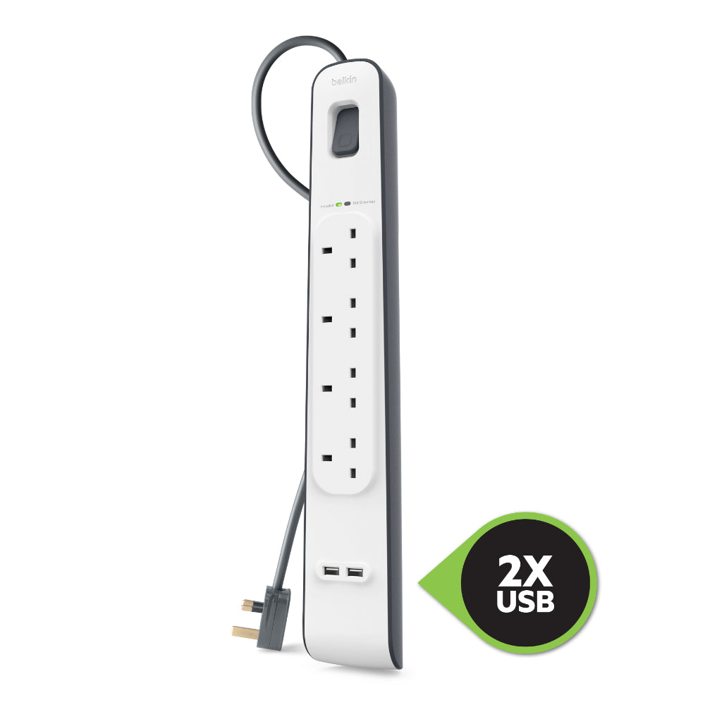 BELKIN 4 Way Surge Protection Strip - 2M With 2 X 2.4Amp USB Charging