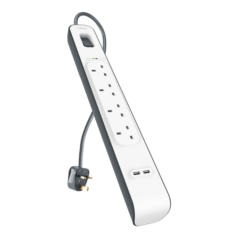 BELKIN 4 Way Surge Protection Strip - 2M With 2 X 2.4Amp USB Charging