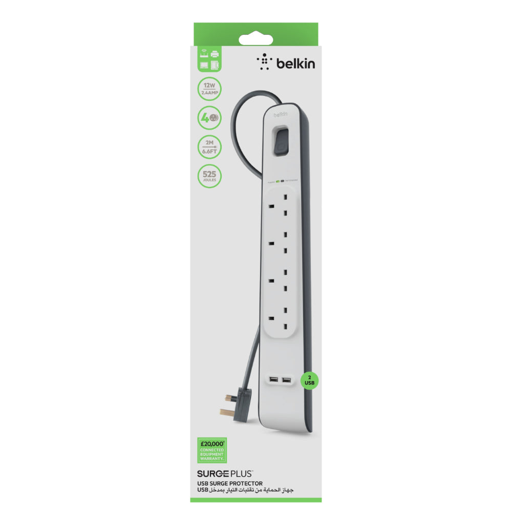 BELKIN 4 Way Surge Protection Strip - 2M With 2 X 2.4Amp USB Charging
