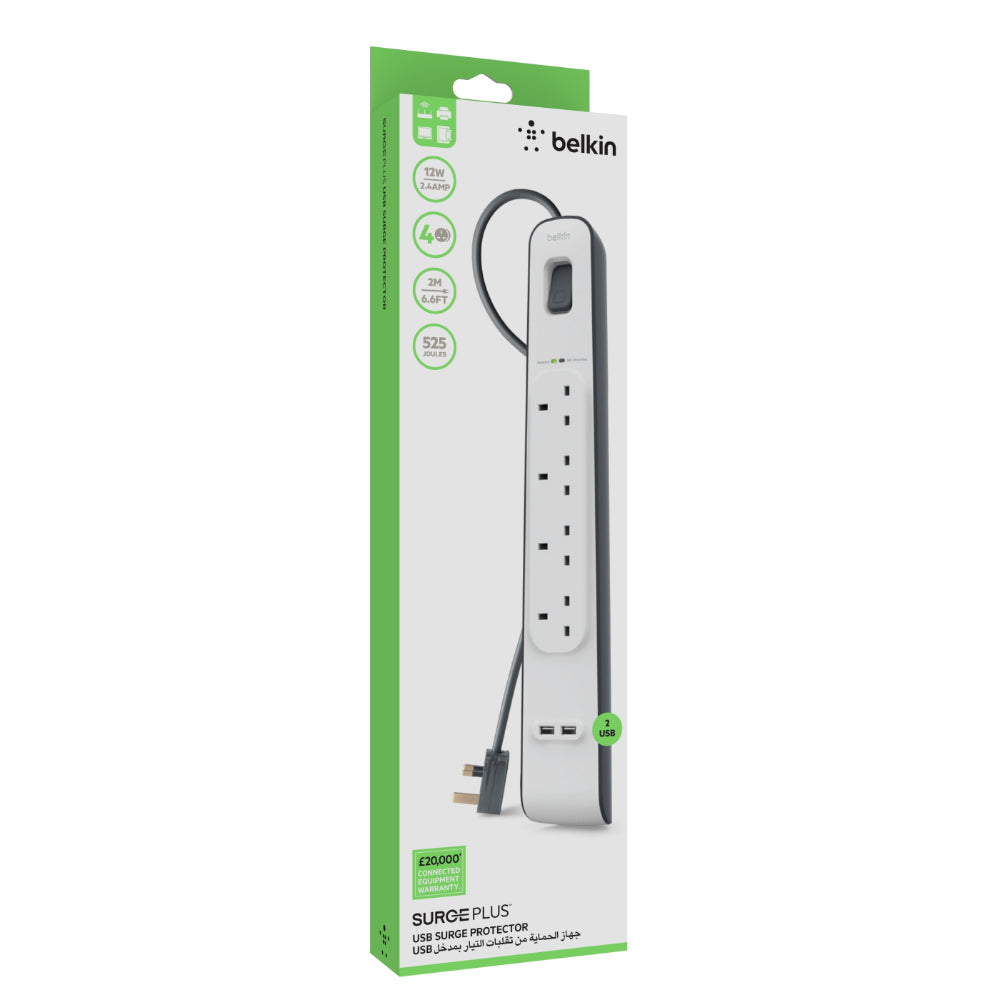 BELKIN 4 Way Surge Protection Strip - 2M With 2 X 2.4Amp USB Charging