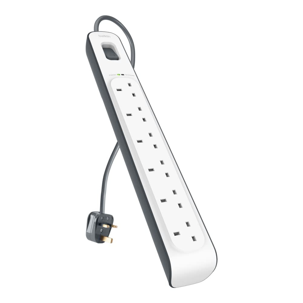 Belkin 6-Way Surge Protection Strip with 2 Meters Power Cord - Heavy Duty Electrical Extension Socket, 14AWG capacity with On/Off Switch, for 6 Devices, Anti-Surge / Anti-Fluctuation - White