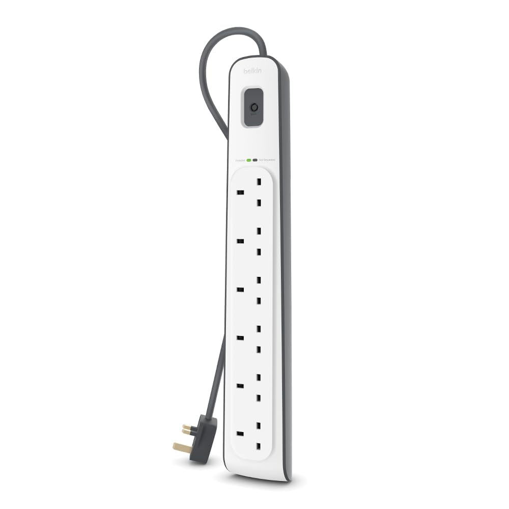 Belkin 6-Way Surge Protection Strip with 2 Meters Power Cord - Heavy Duty Electrical Extension Socket, 14AWG capacity with On/Off Switch, for 6 Devices, Anti-Surge / Anti-Fluctuation - White