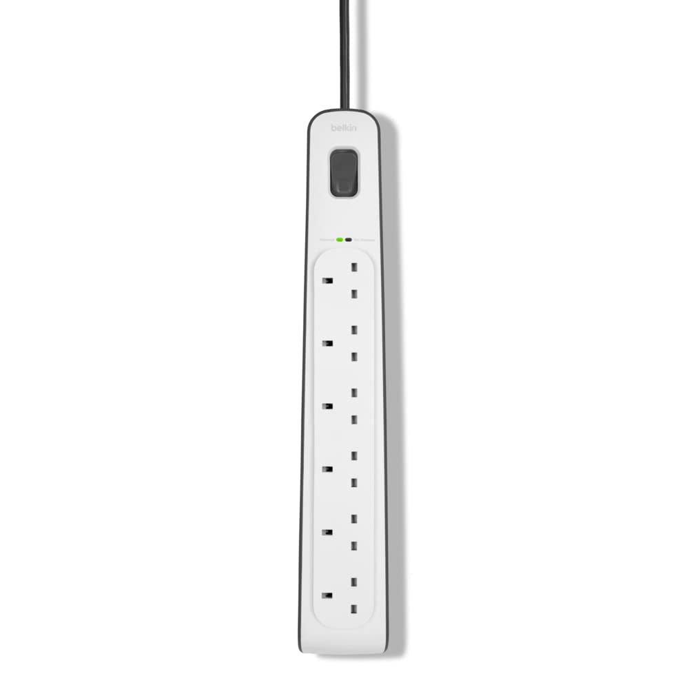 Belkin 6-Way Surge Protection Strip with 2 Meters Power Cord - Heavy Duty Electrical Extension Socket, 14AWG capacity with On/Off Switch, for 6 Devices, Anti-Surge / Anti-Fluctuation - White