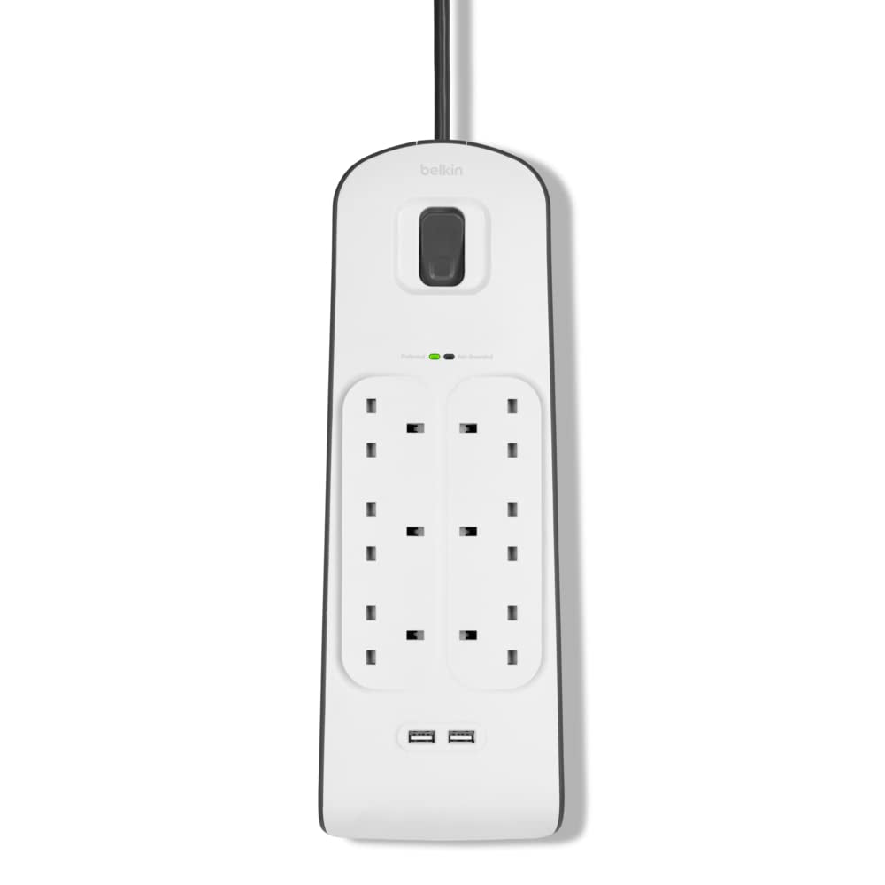 BELKIN 6-outlet Surge Protection Strip (2M)| Protective Power Extension Cord Up to 650 Joules, Anti-Power Spikes & Voltage Fluctuations, 2x 2.4 Amp USB-A Charging