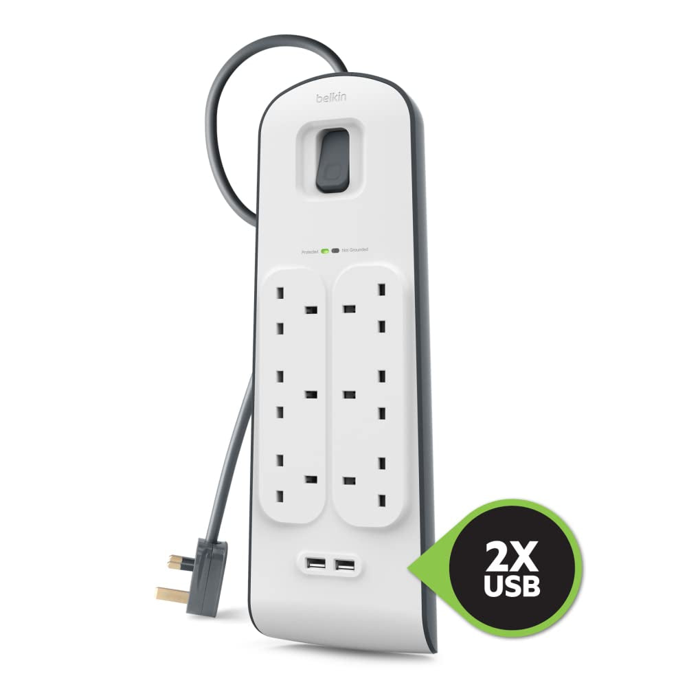BELKIN 6-outlet Surge Protection Strip (2M)| Protective Power Extension Cord Up to 650 Joules, Anti-Power Spikes & Voltage Fluctuations, 2x 2.4 Amp USB-A Charging